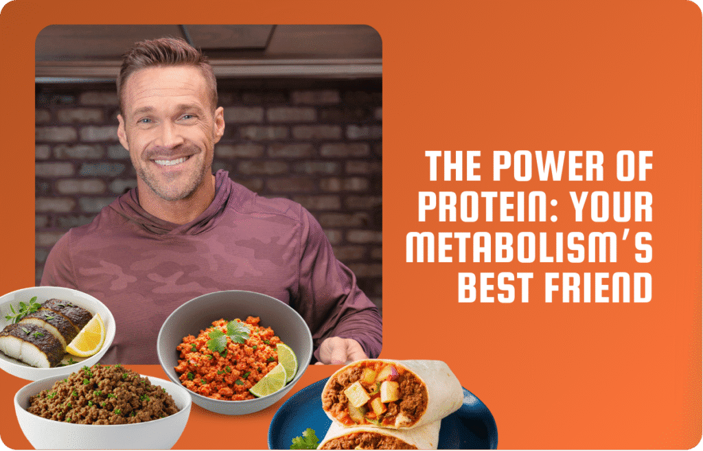 Chris Powell smiling with a selection of protein-packed meals including fish, beef, and wraps.