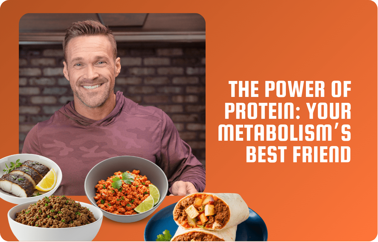 Chris Powell smiling with a selection of protein-packed meals including fish, beef, and wraps.