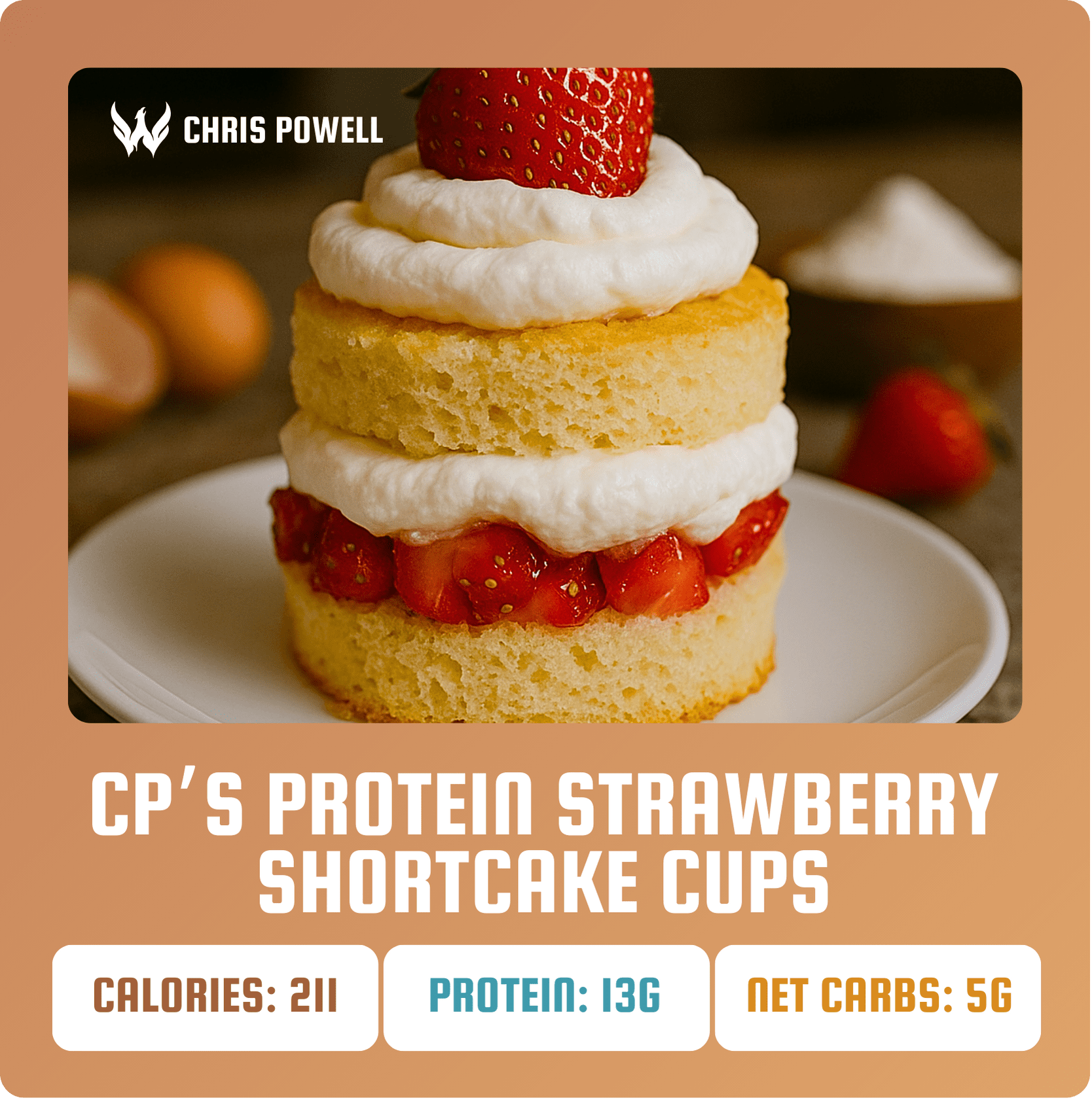 Protein-packed strawberry shortcake dessert with whipped cream, strawberries, and calorie, protein, and net carb information below.