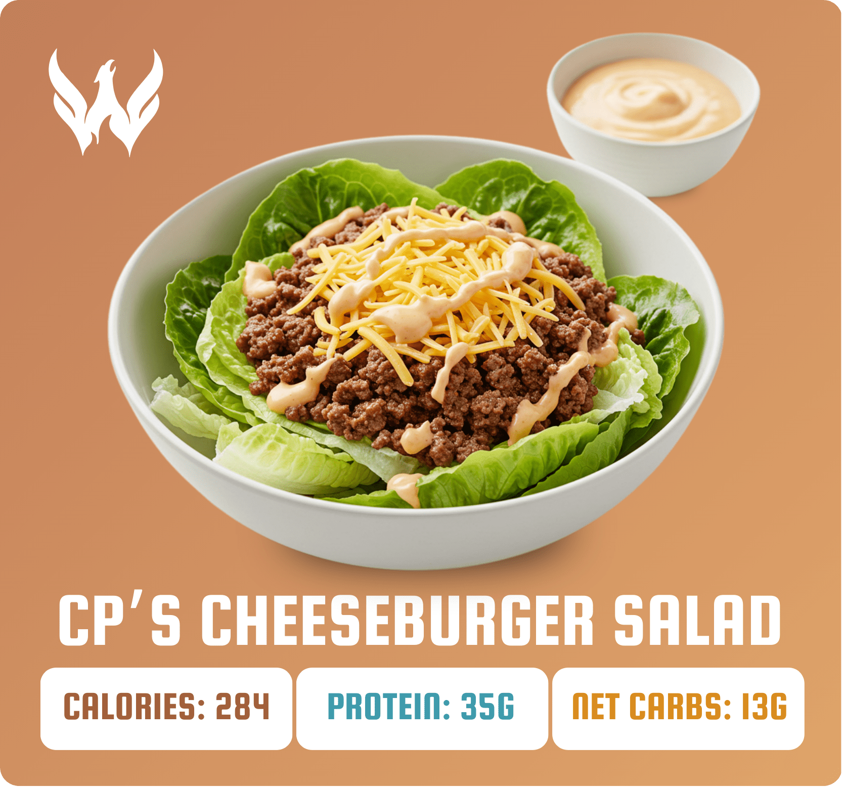 A healthy cheeseburger salad with ground beef, lettuce, shredded cheese, and special sauce. Nutrition: 284 calories, 35g protein, 13g net carbs.