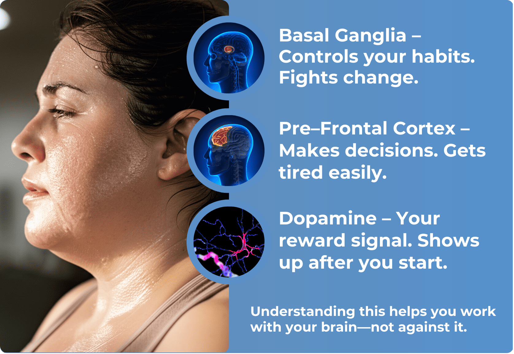 Sweaty woman post-exercise alongside brain illustrations of the basal ganglia, pre-frontal cortex, and dopamine pathways, explaining habit control and decision fatigue.