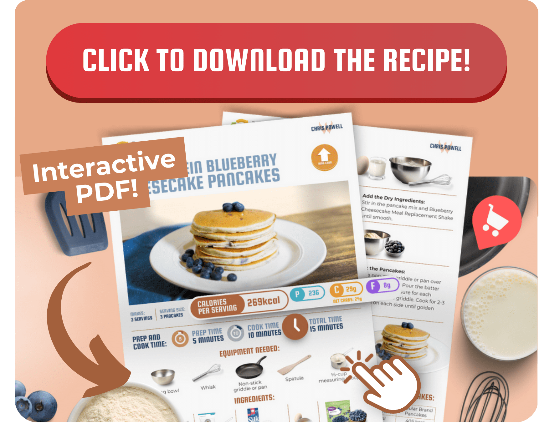 Click-to-download section showing a recipe for protein pancakes as an interactive, printable PDF with prep and cook times.