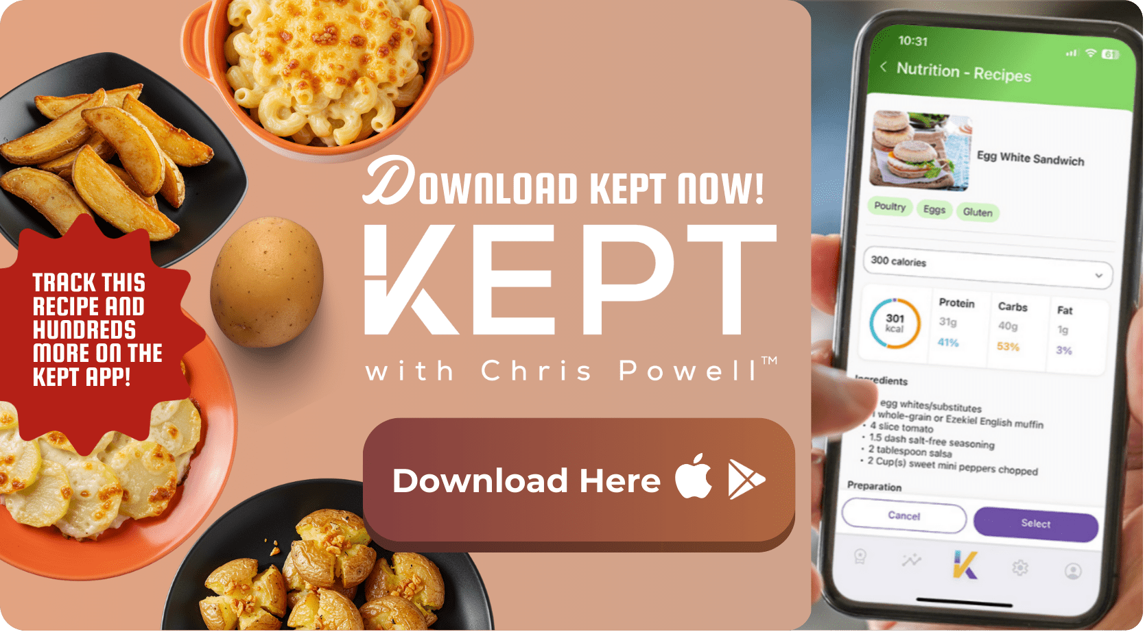 Mobile phone screen showing a KEPT app recipe page, surrounded by healthy carb side dishes like potatoes and mac & cheese.