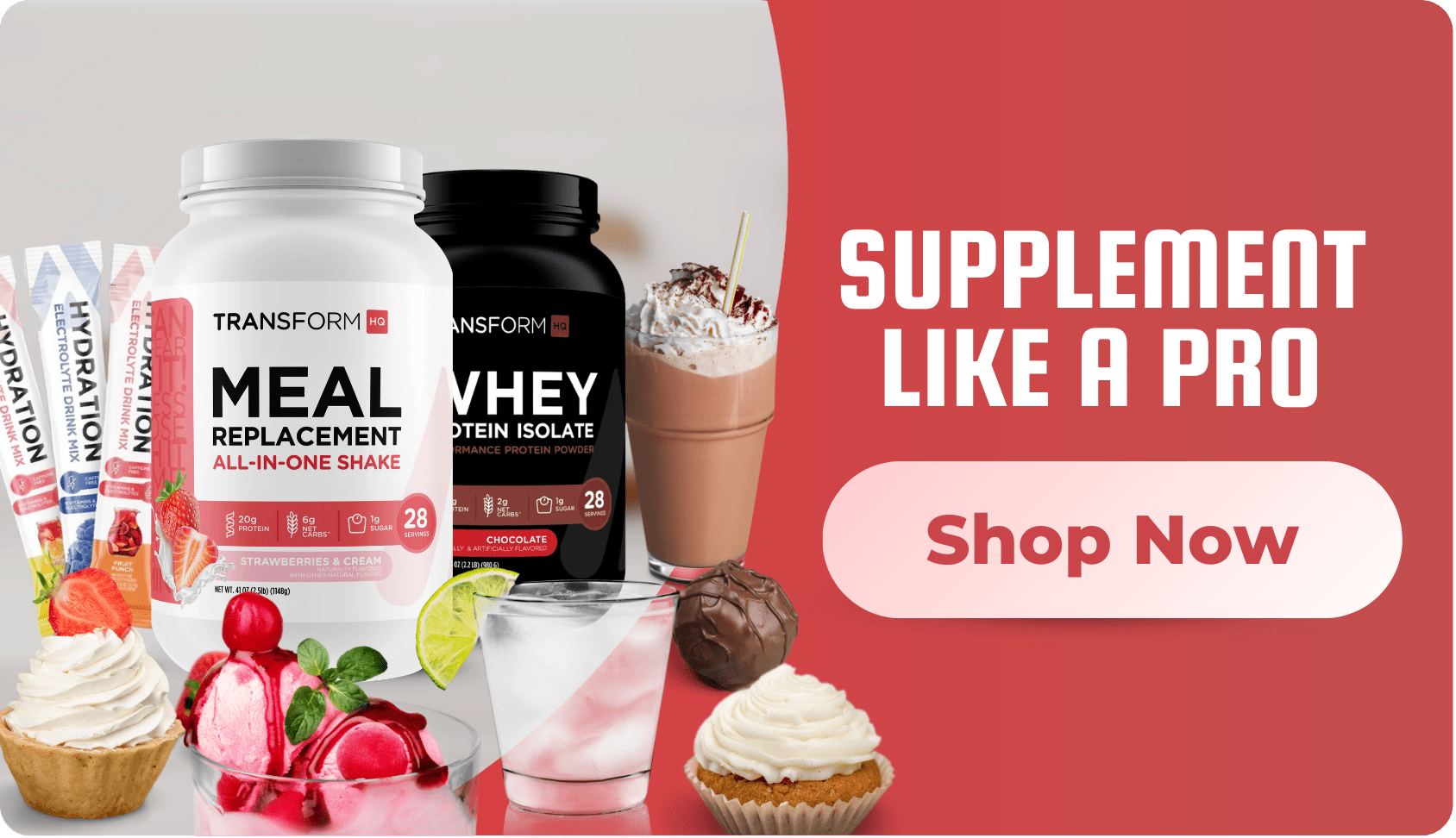 Assortment of TransformHQ supplements including meal replacement and whey protein powders alongside desserts and “Shop Now” button.