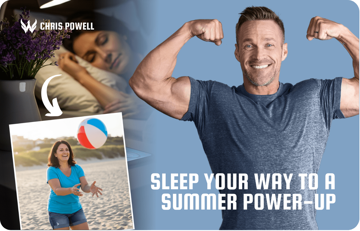 Chris Powell flexing muscles beside sleeping woman and beach scene, promoting summer energy boost through better sleep.